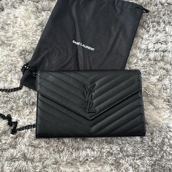 Saint Laurent Monogram Quilted Leather Chain Wallet / Black on Black YSL - Picture 6 of 8